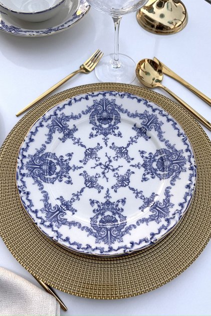 Royal Queen Matte Gold Gilded 6 Person 25 Cm Porcelain Cream Serving Plate Set Blue