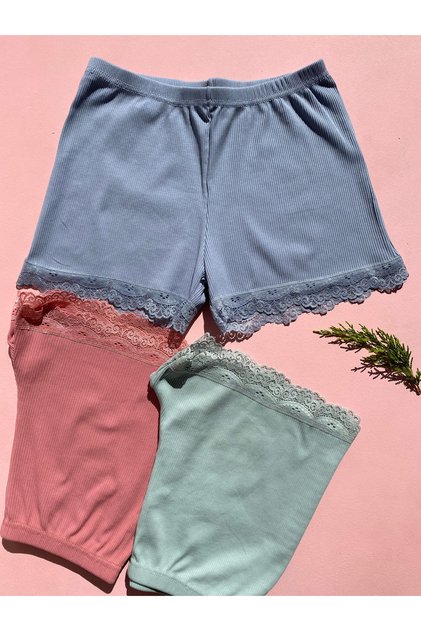 Women's Camisole Cotton Lycra Lace 3-Piece Blue, Dusty Rose, Green Boxer-Shorts