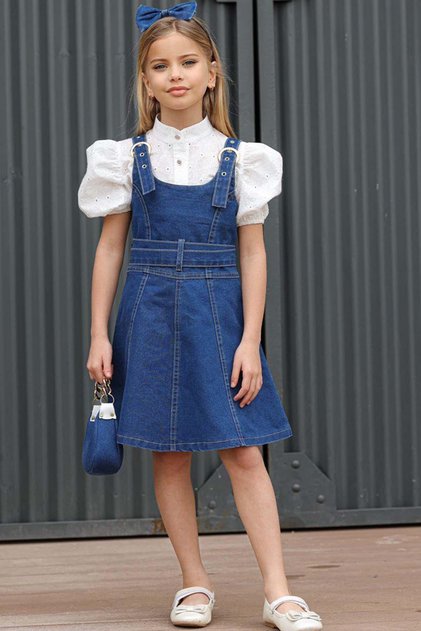 Girl's Woven Embroidered Shirt and Suspender Detailed Jean Blue Dress