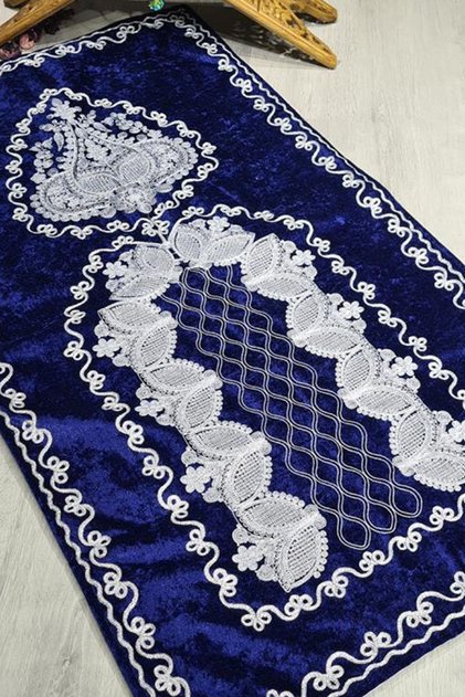 Verna Süzene Embroidered Velvet Prayer Rug Navy Blue