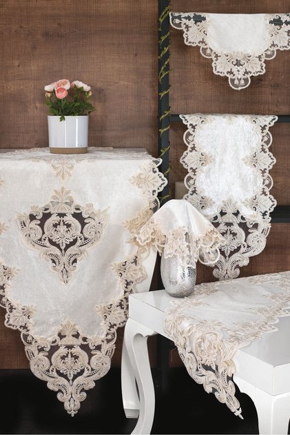 Miray Velvet Living Room Set 5 Pieces - Cream Gold