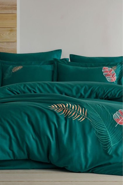 Talia Embroidered 100% Cotton Satin Double Duvet Cover Set Green