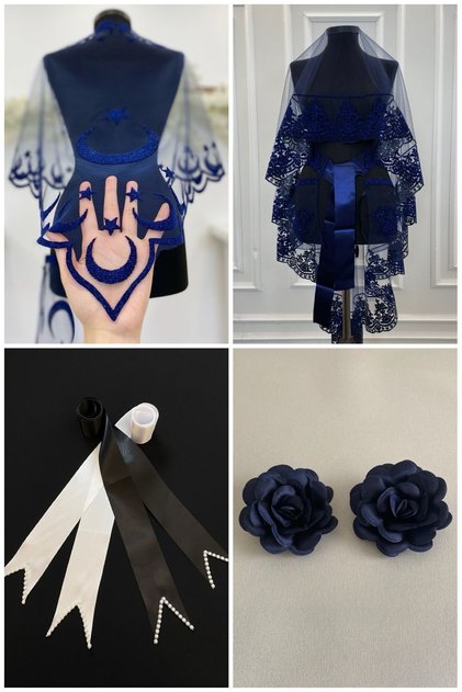 Navy Blue Bridal Veil Set, Groom Shoulder Covering, Jewelry Ribbon, Hand Rose, Henna Veil Shawl, 10 Pieces