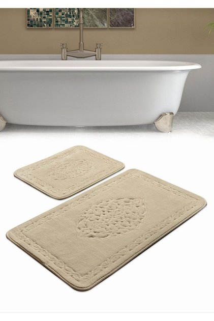 Cotton Eco Set of 2 Cotton Bath Mats Ottoman Pattern Beige