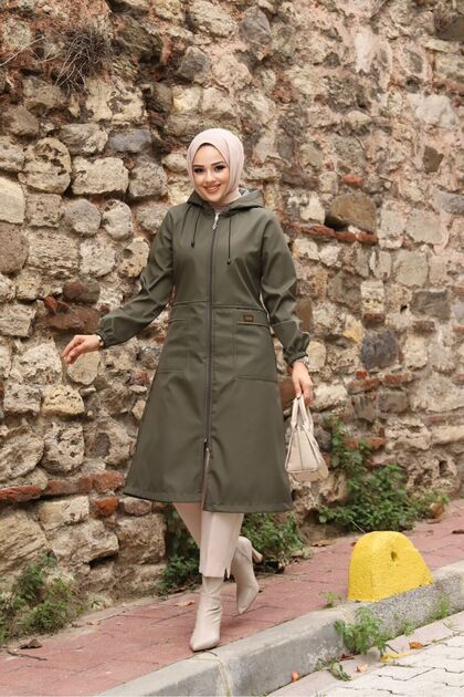 Khaki Striped and Hooded Waterproof Women's Trench Coat