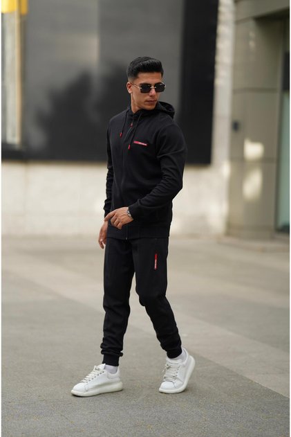 Men's Soft Fabric Hooded Zippered Embroidered Black Tracksuit Set
