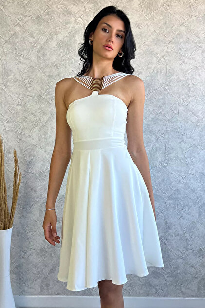 GÜLSELİ Flared Cut Cream Metal Buckle Evening Dress- Trendyol