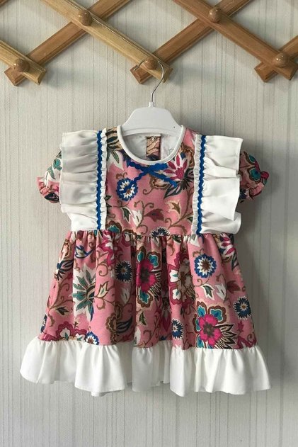 Water Stone Detailed Frilly Floral Patterned Baby Girl Design Dress