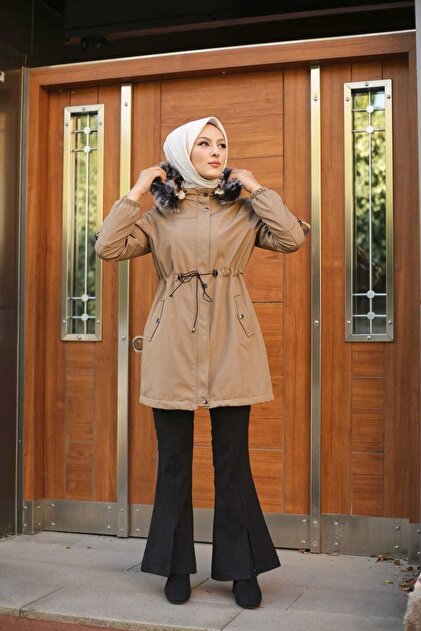 Vibeys Collection Bej Içi Kürklü ve Su Geçirmez Kışlık Mont