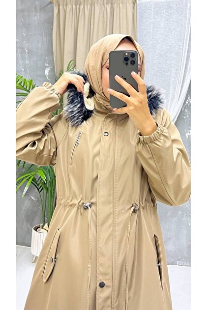 Vibeys Collection Bej İçi Kürklü Ve Su Geçirmez Tam Boy Kadın