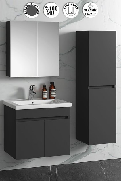 Çiğdem 65+35 cm Antrasit Gri Mat MDF Seramik Lavabolu Asma Banyo Dolabı Takımı