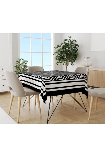 Modern Black Patterned Tablecloth White