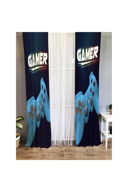 Gamepad Patterned Gamer Written Children's Room Background Curtain
