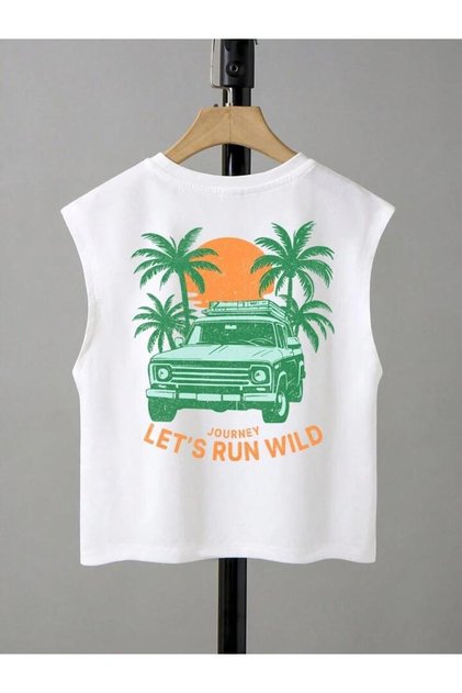 Boys' Let's Run Wild Car Back Printed Sleeveless Cotton T - Shirt