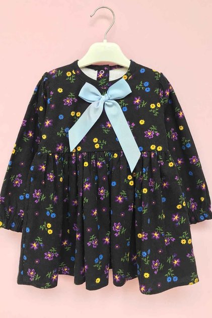 Flannel Black Multi-Colored Floral Patterned Girl's Baby Seasonal Winter Dress