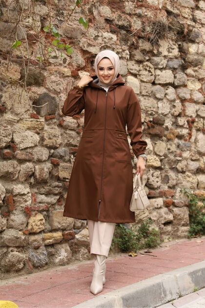 ウェア Fashion Vibeys Collection Kahverengi İçi Çizgili Ve Kapüşonlu Su Geçirmez