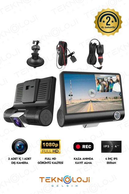 Araç İçi Kamera 4'' Lcd Ekran 3 Kameralı 170° Geniş Açı 1080p G-Sensör Gece Görüşlü Uyumlu Yol Kayıt