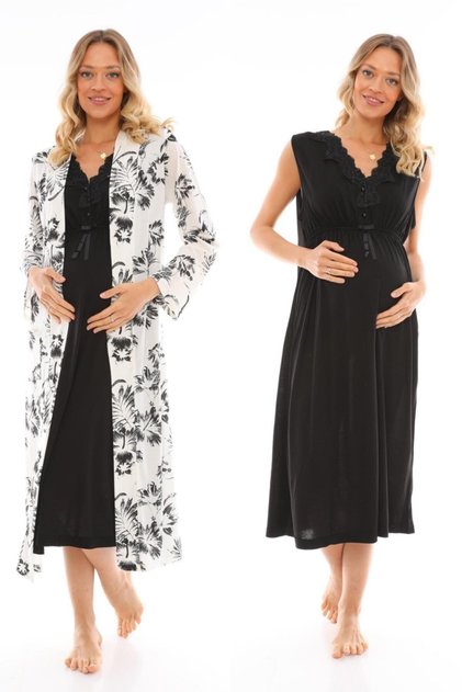 Women's Black Wide Strap Comfortable Cut Patterned Maternity Nightgown Set
