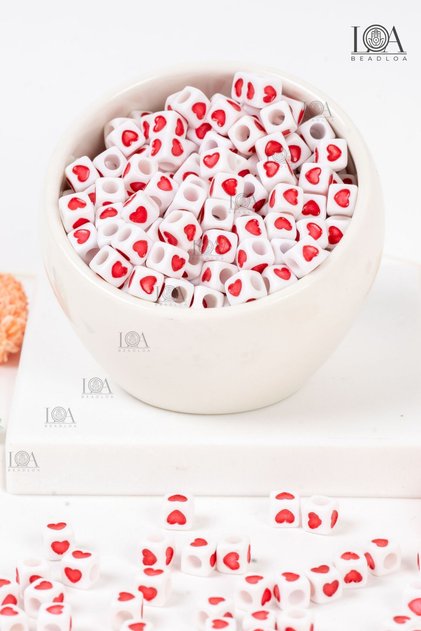 7x7 mm Square Cube Heart Beads, White with Red Heart Design, Keychain and Jewelry Accessory, 25 gr, 100 Pieces