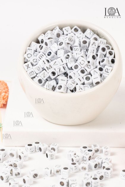 6x6 mm Square Cube Letter Beads White - Silver A & Z Mixed Keychain and Jewelry Accessory 25 gr 150 Pieces