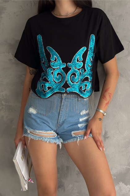 Women's Black Blue New Season Complete Sequin Embroidered Tassel Design Cotton T-Shirt