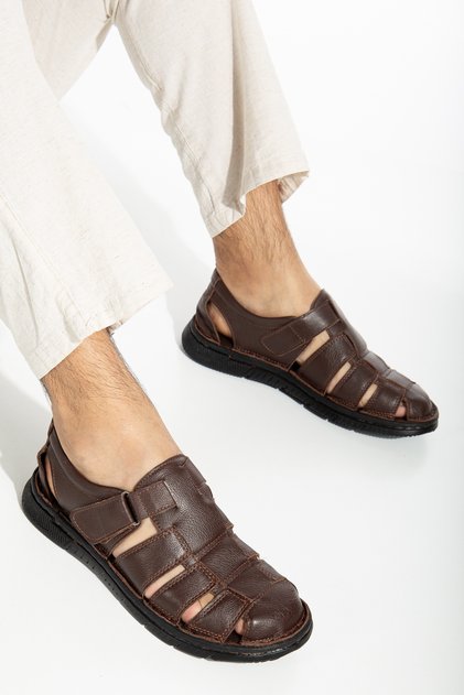 Men's Genuine Calfskin Leather Orthopedic Velcro Closed Brown Sandals with Thick Pads Inside