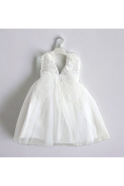 Fairy Butterfly Girl's Tulle Strap Butterfly Detailed Ecru Special Day Birthday Fairy White Dress