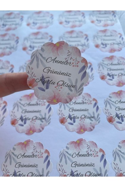 Happy Mother's Day Themed Opaque Sticker - Floral Model Sticker - Wavy Cut 50 Pieces - 5 cm