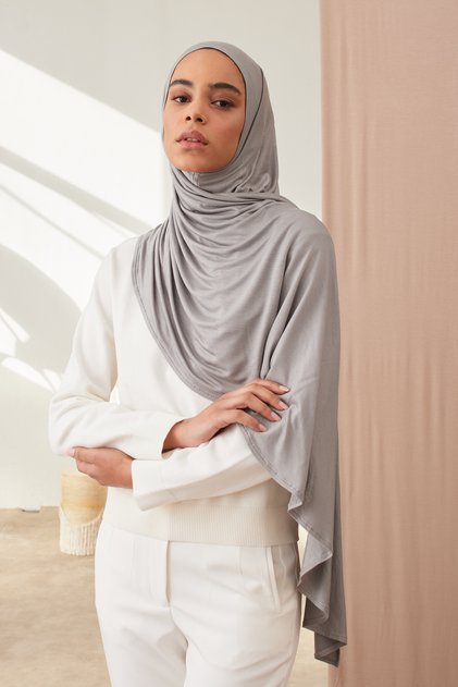 Small Practical Premium Jersey Shawl | Color: Silver | Chin Stitched | Size: Young-Child | Instant Hijab