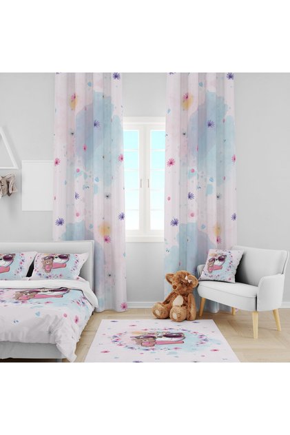 CUTE SLIM ANIMAL CHILDREN'S ROOM SET (PHONE CURTAIN - BED COVER AND PILLOW - RUG)