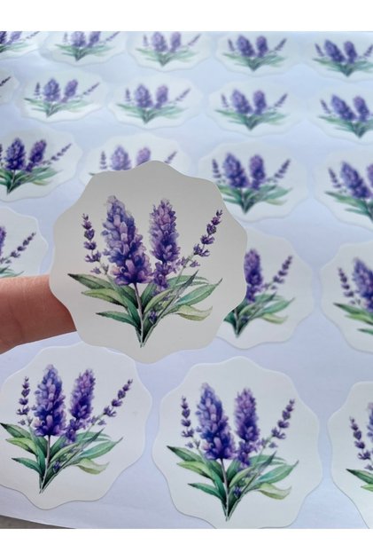 Lavanta Çiçek Desenli Etiket - Çiçekli Model Opak Sticker - Dalgalı Kesim - 50 Adet / 5 cm