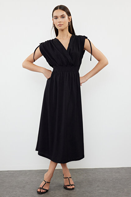 Trendyol Collection Stretchy Double Breasted Black Midi Skater Dress - Zero  Sleeve, Gathered, Knitted TWOSS24EL01063- Trendyol