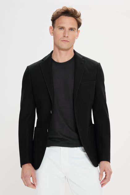 Slim Fit Dar Kesim Mono Yaka %100 Pamuk Desenli Siyah Ceket