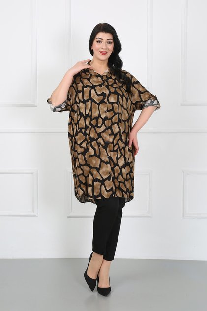 Women's Tan Patterned Cotton Viscose Large Size Tunic