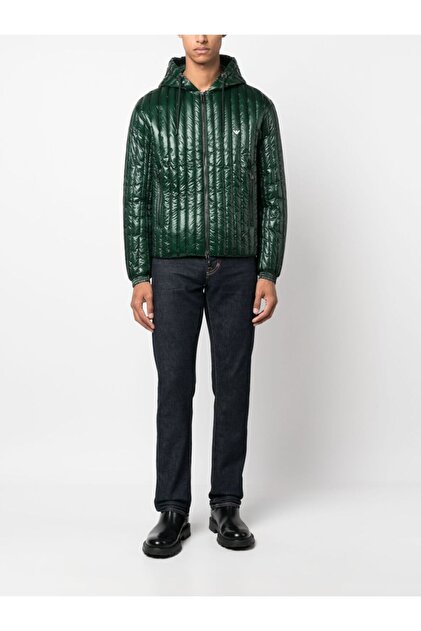 Emporio Armani Erkek Logolu Fermuarlı Koyu Yeşil Şişme Yeşil Mont