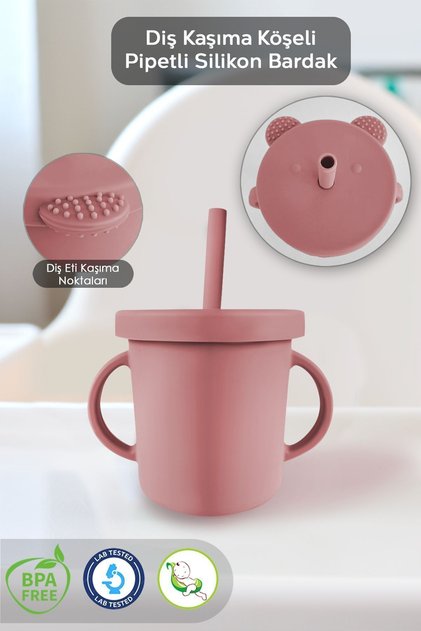Baby Training Cup with Leak-Proof Lid and Silicone Straw, Silicone Baby Feeding Cup-Pink