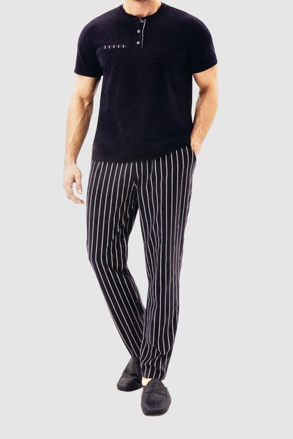 Men's High Quality Cotton Short Sleeve Striped Navy Blue Pajama Set