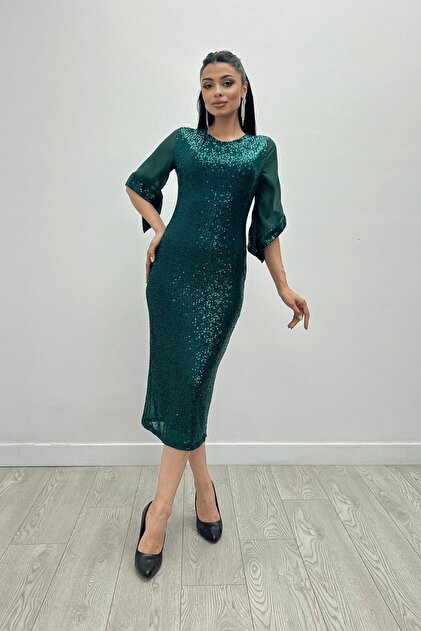 Phoenix Women Crew Neck Midi Evening Dress - Sequined- Trendyol