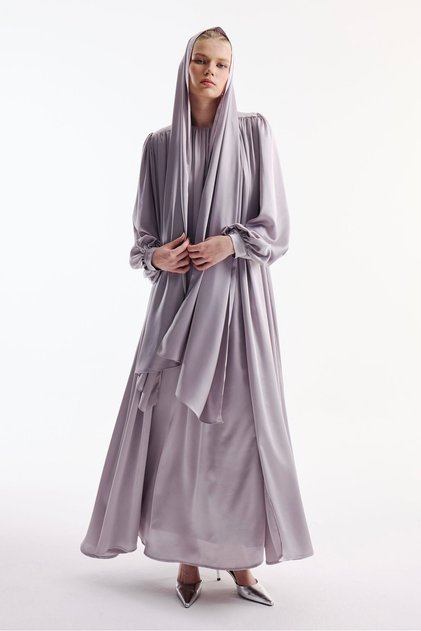 Satin Abaya and Shawl Dress Set - Set of 3