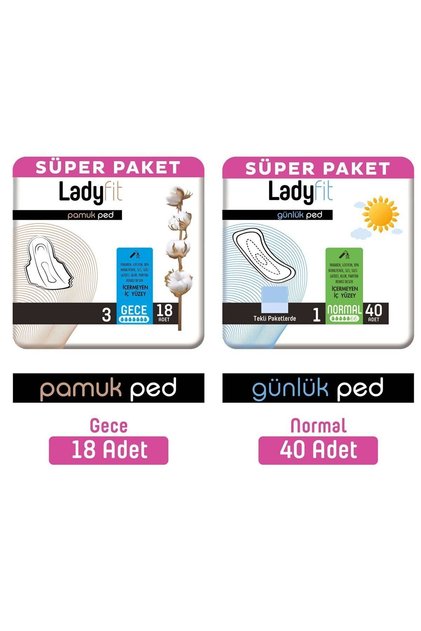 Ladyfit Pamuk Ped Süper Gece 18 Adet + Günlük Ped Süper Normal 40 Adet