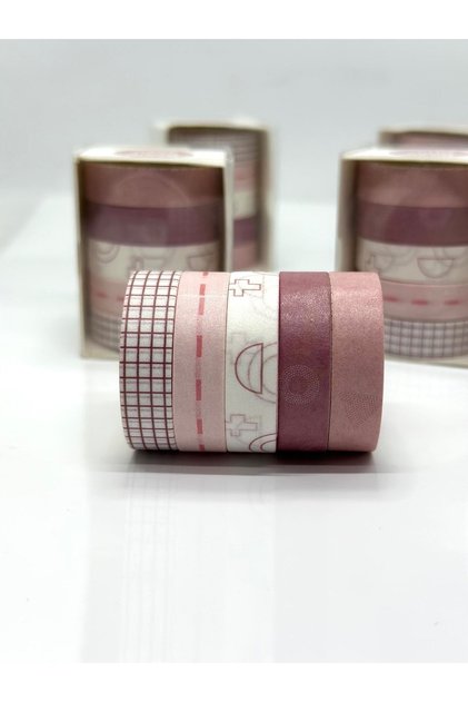 5'li Desenli Mini Washitape/kağıt Bantlar ( 5 Adet*1cmx2m)pembe Tonları/oldrose