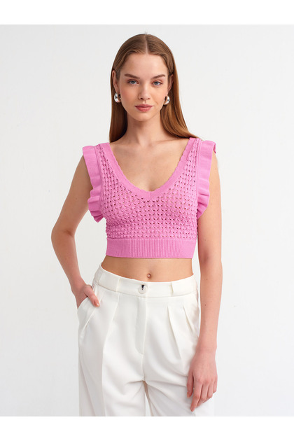 10546 V Yaka Fırfırlı Triko Crop-Pembe