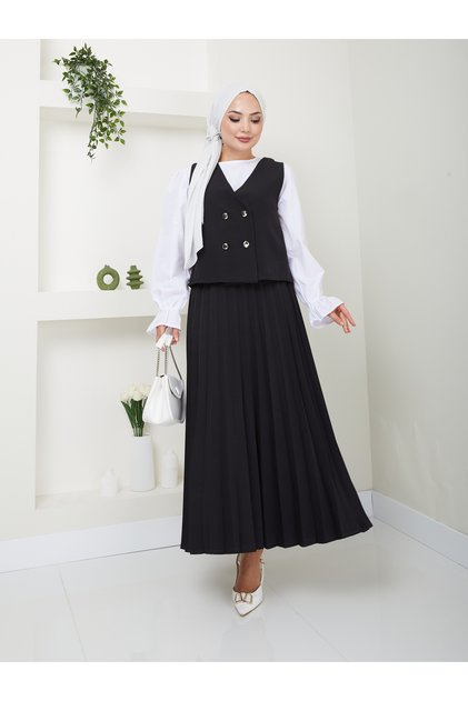Costum de damă cu fustă plisată și vestă din 2 piese