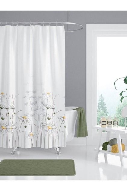 Duş Perdesi Çift Kanat 2x120x200cm Papatya Desenli Çiçekli Banyo Perdesi 16 Adet C Halka Hediyeli