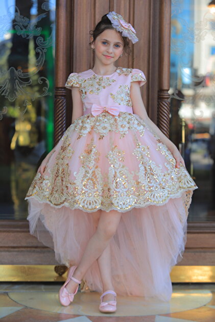 MSS RAN Short Long BacK Gold Embroidered Girl's Caftan Evening Dress with  Accessory Gift- Trendyol