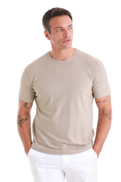 Beige Regular Fit Jacquard Crew Neck T-Shirt