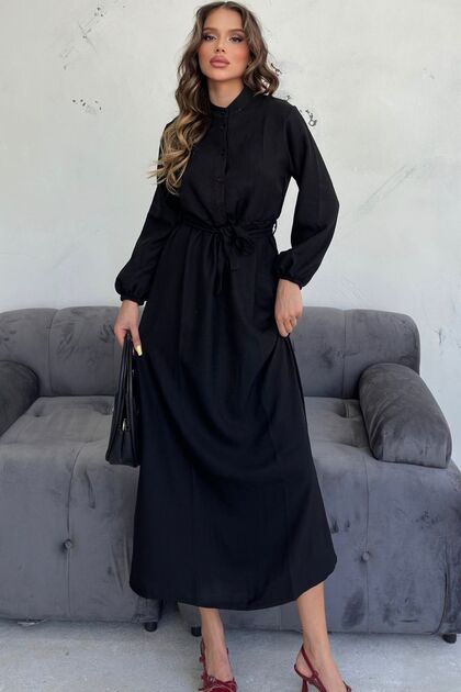 Kadın Siyah Bisiklet Yaka Düğmeli Bel Bağlamalı Modest Elbise