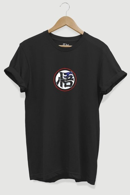 Black Unisex Japanese Text Printed Short Sleeve T-shirt