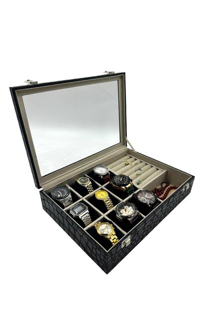 9Pcs Watch Case Combination Bracelet Bangle Ring Brooch Cufflink Jewelry Watch Box Crocodile Black