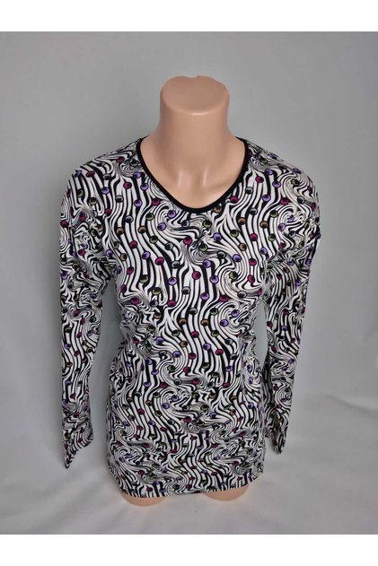 Women's Black and Lilac Patterned V-Neck Long sleeve Side Slit Summer Viscose Mom Jersey T-Shirt Blouse